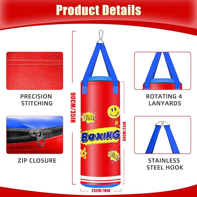 Hanging Punching Bag for Kids, 2FT PU Leather Kicking Bag with Boxing Bag Gloves, Heavy Bag Boxing Equipment for Training Karate Muay Thai Kick Taekwondo(Unfilled)