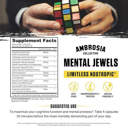 Ambrosia Mental Jewels (Capsules) - Cognitive Enhancer | Increase Memory, Communication Skills, Concentration & Focus | Alpha GPC, Choline, BaCognize | 120 Veggie Capsules (30 Day Supply)