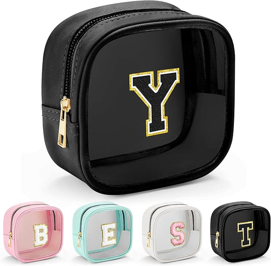 YOOLIFE Initial Makeup Bag Travel Toiletry Bag, Clear Makeup Bag Car Accessories For Women Clear Makeup Bags With Zipper Girlfriend Teacher 13 Year Old Girl Gifts Daughter Girl Gifts Mini Black Y