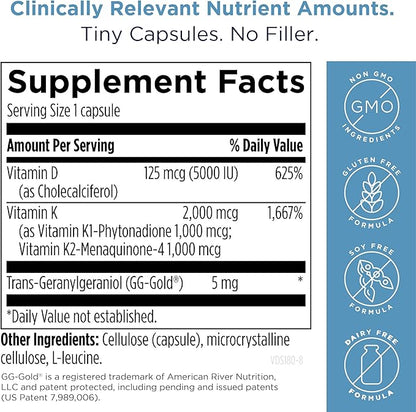 Designs for Health Vitamin D Supreme - Vitamin D 5000 IU with 2000mcg Vitamin K as MK4 for Bone Health, Heart Health & Immune Support - Vitamin D3 Enhanced with GG Supplement (30 Capsules)