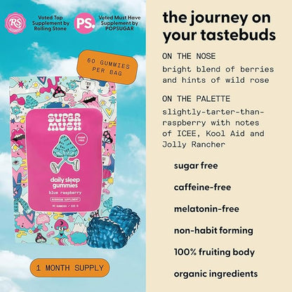 SuperMush Sleep Gummies for Adults - Mushroom Supplement with Magnesium Citrate, L-Theanine, Chaga, Reishi & Chamomile for Deep Sleep, REM & Detox - Vegan & Sugar-Free - 60 Gummies (30 Servings)