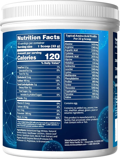 MRM Nutrition Egg White Protein | Vanilla Flavored | 23g Fat-Free Protein | with Digestive enzymes | Highest Biological Value | Clinically Tested | 10 Servings