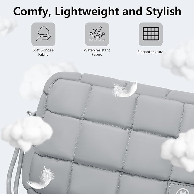 Quilted Cosmetic Bag, Puffer Makeup Bags, Crossbody Purses for women,Cute Travel Toiletry Bag for Women (Grey)