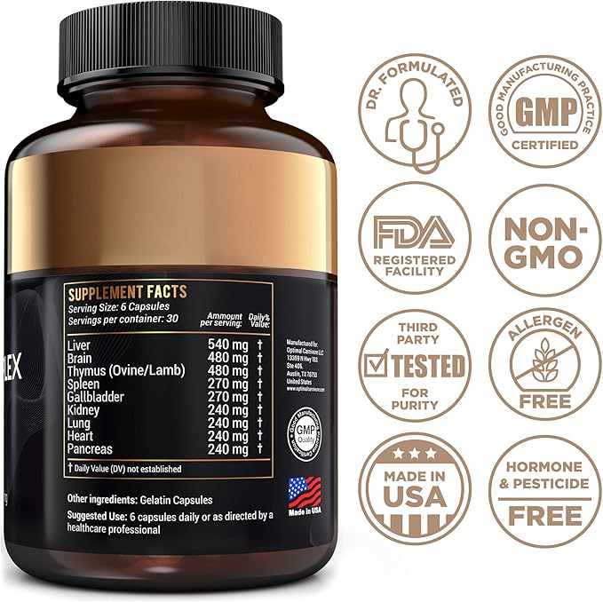 Grass Fed Beef Organs, Beef Organ Capsules, Beef Organ Supplement, Organ Supplement Grass Fed, Organ Meat Capsules, Grass Fed Organ Complex - 9 Organs - Beef Liver, Brain, Thymus, Lung, Gallbladder