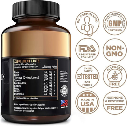 Grass Fed Beef Organs, Beef Organ Capsules, Beef Organ Supplement, Organ Supplement Grass Fed, Organ Meat Capsules, Grass Fed Organ Complex - 9 Organs - Beef Liver, Brain, Thymus, Lung, Gallbladder