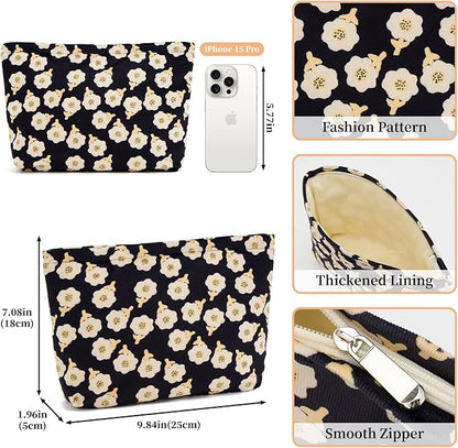 WOZEAH Floral Corduroy Makeup Bag for Purse Small Cosmetic Pouch,Stylish Zipper Make up Pouch Travel Canvas Toiletry Bags(Floral Corduroy 3)