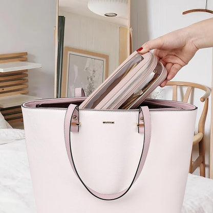 Travel Clear Makeup Bag with Brush Case TSA Approved Toiletry Bag Waterproof Cosmetic Organizer Car Essential for Women (Pink, M+SLIM)
