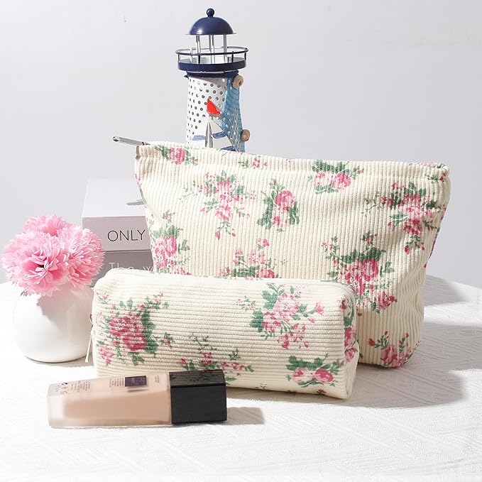 Cosmetic Bag for Women Corduroy Makeup Bag Travel Make Up Organizer Tool Pouch Small Bag for Purse, Zipper Portable Storage Pouch Toiletry Bag for Women (Pink strawberry)