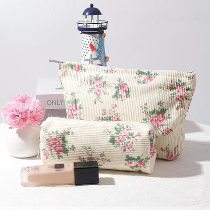 Cosmetic Bag for Women Corduroy Makeup Bag Travel Make Up Organizer Tool Pouch Small Bag for Purse, Zipper Portable Storage Pouch Toiletry Bag for Women (Pink strawberry)