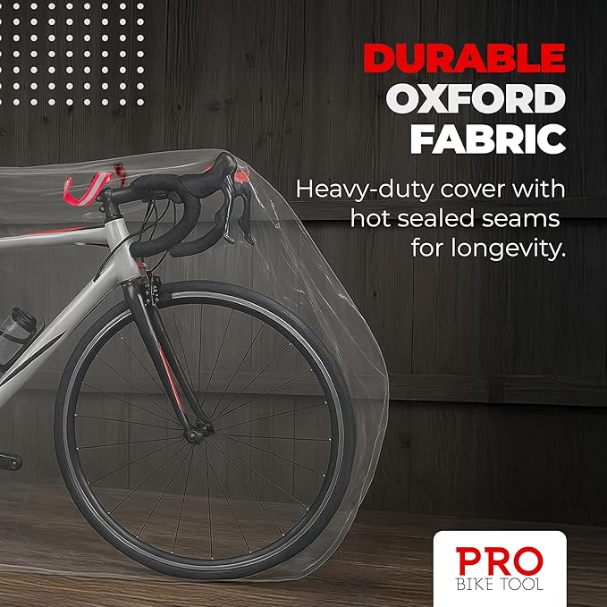 PRO BIKE TOOL Bicycle Cover Transparent PVC 0.15mm Thick, Reflective Safety Loops, Chain Hole Rings, Adjustable Buckle Strap, XL Size
