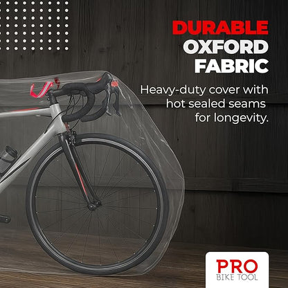 PRO BIKE TOOL Bicycle Cover Transparent PVC 0.15mm Thick, Reflective Safety Loops, Chain Hole Rings, Adjustable Buckle Strap, XL Size