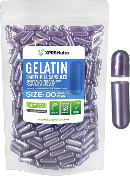 XPRS Nutra Size 00 Empty Capsules - 500 Count Empty Gelatin Capsules - Empty Pill Capsules - DIY Capsule Filling - Fillable Pill Capsules Empty Gel Caps (Purple Pearl)
