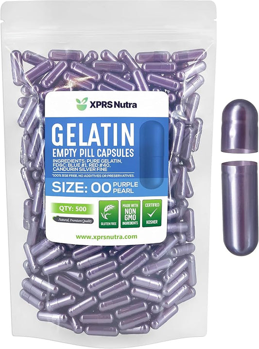 XPRS Nutra Size 00 Empty Capsules - 500 Count Empty Gelatin Capsules - Empty Pill Capsules - DIY Capsule Filling - Fillable Pill Capsules Empty Gel Caps (Purple Pearl)