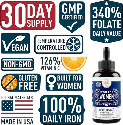 WINDSOR BOTANICALS Liquid Iron Supplements for Anemia - Folic Acid, Vitamin C, Vegan Iron Blood Builder and Anemia Supplement - 2 oz Orange Flavor Gentle Iron Drops for Women