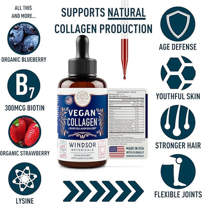 Vegan Collagen Builder Liquid Supplement - Collagen Booster with Vitamin C, Biotin, Hyaluronic Acid & Amino Acids - Vegetarian Collagen for Women, Organic Fruit & Vegetable Blend - 60ml, 30 Day