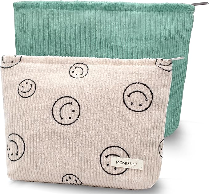 Corduroy Makeup Bag Cosmestic Bag Large Capacity Ladies Women Aesthetic Make Up Organizer Accessories Zipper Pouch Purse （Beige+Light Green）