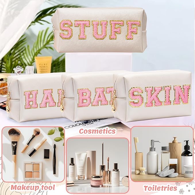 CY2SIDE STUFF Letter Makeup Bag - 4PCS Pink Stuff Hair Bath Skin Chenille Letter Patch Cosmetic Bag Preppy PU Leather Patch Pouch Waterproof Portable Zipper Travel Organizer Xmas Gifts for Women Girls