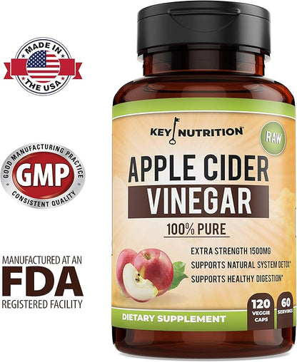 Apple Cider Vinegar 1500mg, 100% Organic, Pure & Raw - Healthy Digestion & Detox Support - 60 Day Supply