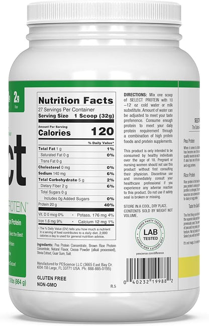 PEScience Select Vegan Plant Based Protein Powder, Chocolate, 27 Serving, Pea and Brown Rice Blend