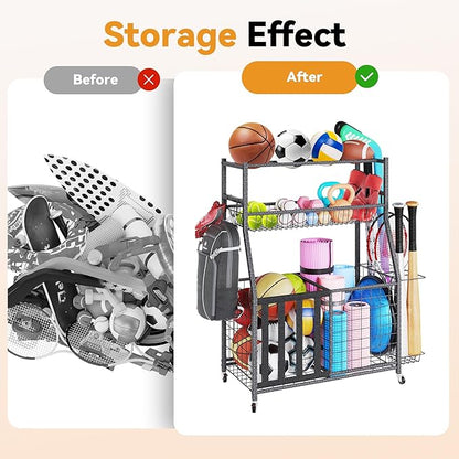 HOMREST Sports Equipment Storage, Ball Storage, Ball Holder, Garage Sports Organizer with Basket and Hooks, Rolling Sports Ball Storage with Wheels for Toy Sports Gear Storage, Black