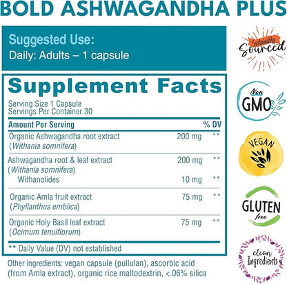 Ashwagandha Plus – Stress, Mood, Memory & Energy Support – Potent Extracts of Root and Leaf with Amla & Holy Basil – Triple Adaptogenic Formula – One Capsule Daily – 30 Vegan Caps