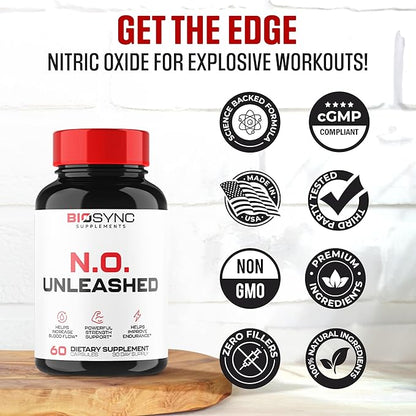 BioSync | #1 New Nitric Oxide Supplement Booster for Men | L Citrulline, L Arginine, Beta Alanine + 4 More Ingredients for Rapid Blood Flow, Skin Splitting Pumps, Strength - 60 Capsules