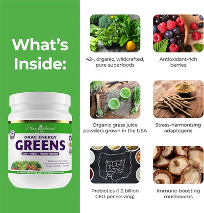 Paradise Herbs, ORAC Energy Greens Powder, Antioxidant Power of 24 Servings of Fruits & Vegetables in 1 Scoop, 120 Servings