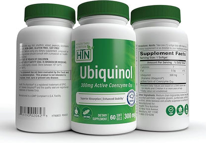 Health Thru Nutrition Ubiquinol 300mg 60 Softgels as Kaneka QH Reduced CoQ-10 | Stabilized - 3rd Party Tested | Enhanced Bioavailability | Cardiovascular & Mitochondria Function Support | Non-GMO
