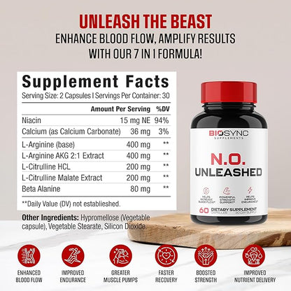 BioSync | #1 New Nitric Oxide Supplement Booster for Men | L Citrulline, L Arginine, Beta Alanine + 4 More Ingredients for Rapid Blood Flow, Skin Splitting Pumps, Strength - 60 Capsules