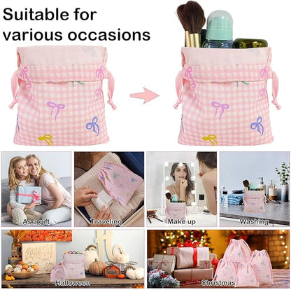 LYDZTION 4pcs Floral Drawstring Makeup Bags Pouches For Purse, Small Canvas Cloth Gift Bags Pouch For Cosmetics Jewerlry Home Travel Storage, Pink Bow