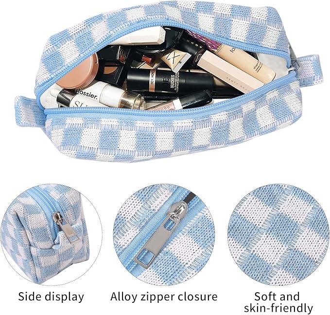 Small Cute Checkered Makeup Bag - Portable Cosmetic Pouch with Zipper, Travel Toiletry Bag, Purse Organizer, Beauty Storage, Blue