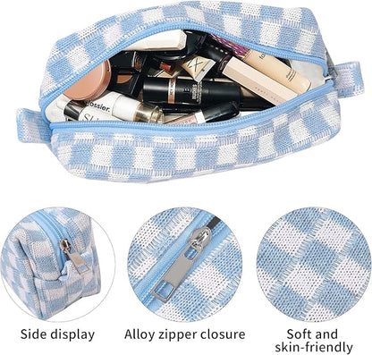 Small Cute Checkered Makeup Bag - Portable Cosmetic Pouch with Zipper, Travel Toiletry Bag, Purse Organizer, Beauty Storage, Blue