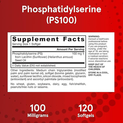 Jarrow Formulas PS100 Phosphatidylserine 100 mg, Dietary Supplement for Brain Health and Cognition Support, 120 Softgels, 40-120 Day Supply, Pack of 12