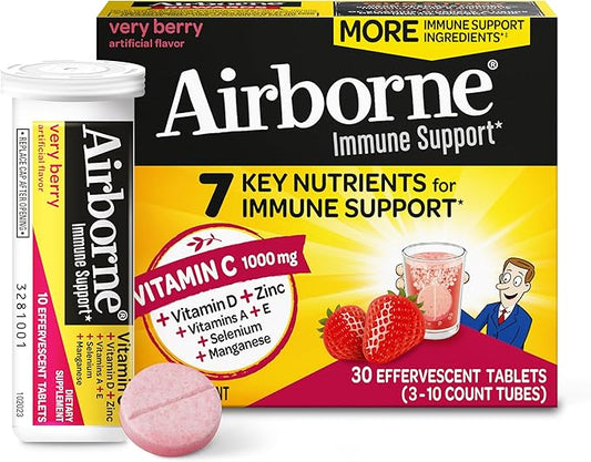 Airborne 1000mg Vitamin C with Vitamin D & Zinc, SUGAR FREE Multivitamin Immune Support Supplement, Antioxidants Vitamins A C & Vitamin E, 30 Effervescent Tablets, Very Berry Flavor