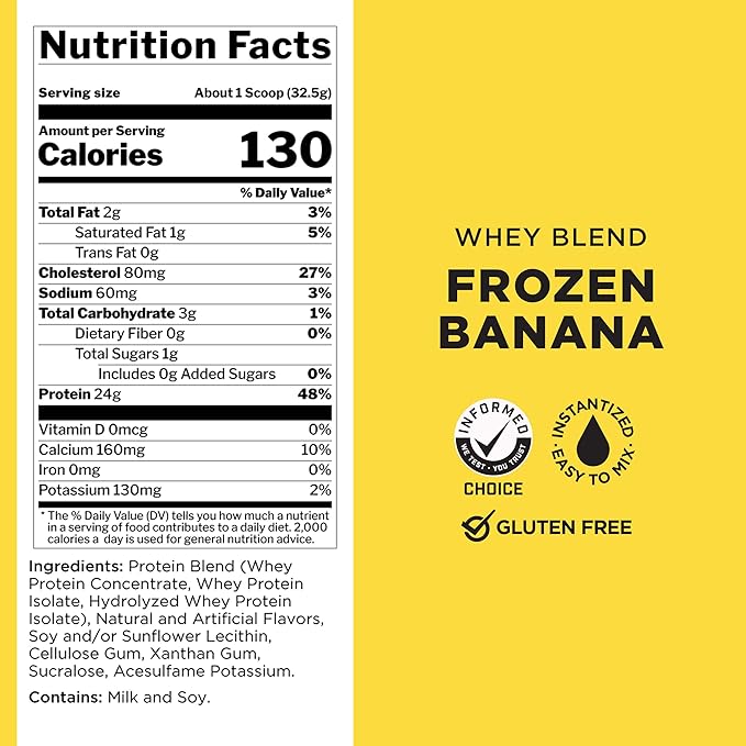 Rule One Proteins, R1 Whey Blend- Frozen Banana, 24g Fast-Acting Whey Protein Concentrates, Isolates, and Hydrolysates Per Serving, with Naturally Occurring EAAs and BCAAs, 5lbs
