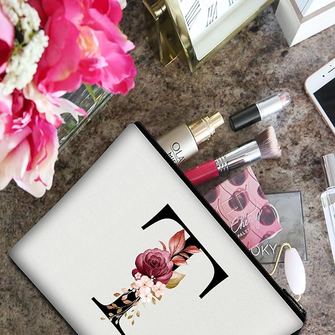 Vavabox A-Z Personalized Makeup Bag, Birthday Gifts for Women Mom, Gifts for Best Friend, Bride Bridesmaid Cosmetic bag (T, White)