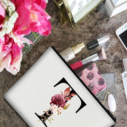 Vavabox A-Z Personalized Makeup Bag, Birthday Gifts for Women Mom, Gifts for Best Friend, Bride Bridesmaid Cosmetic bag (T, White)