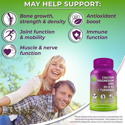 Plant-Based Calcium 500mg (Aquamin) - Vegan Calcium Magnesium Zinc D3 + Vitamin K2, Organic Turmeric & BioPerine - Supports Enhanced Bone Health & Strength for Women and Men - 180 Count