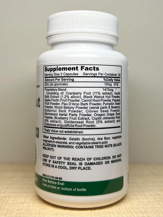 Black Walnut Detox Cleanse Supplement | Black Walnut, Wormwood, Clove, PAU D'Arco, Pumpkin Seed, Garlic, Zinc | Intestinal Guard for Humans | 60 Capsules