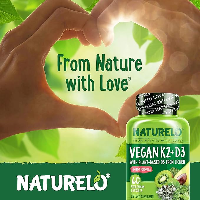 NATURELO Vitamin D3 K2 - Vegan K2+D3 with Plant Based D3 from Lichen - Natural D3 Supplement for Immune System, Bone Support, Heart Health - Whole Food - Non-GMO - Gluten Free, 60 Capsules