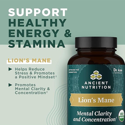 Ancient Nutrition Organic Lion's Mane Mushroom Supplement with Ashwagandha, Organic Lion's Mane Supports Healthy Energy and Concentration, Reduces Fatigue, Gluten Free and Keto Friendly, 30 Tablets