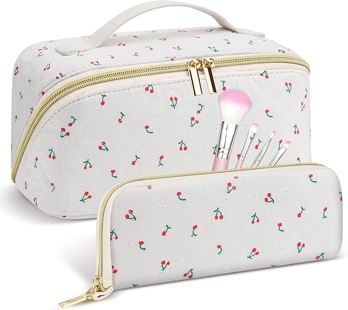 Travel Makeup Bag Set, 2Pcs Large Capacity Flower Make up Bag Quilted Cosmetic Bag for Girls, Cherry Cute Travel Toiletry Bag for Women Wide Open Floral Cotton Stuff Bag Skin Care Bag