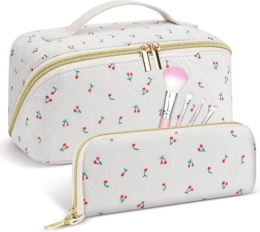 Travel Makeup Bag Set, 2Pcs Large Capacity Flower Make up Bag Quilted Cosmetic Bag for Girls, Cherry Cute Travel Toiletry Bag for Women Wide Open Floral Cotton Stuff Bag Skin Care Bag