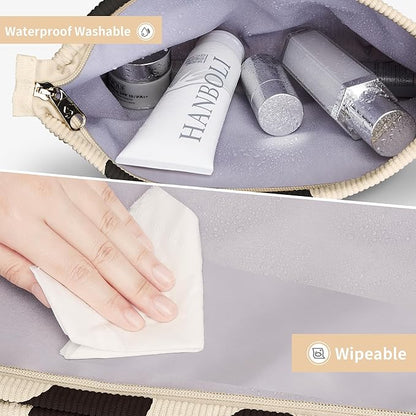 WLLWOO Makeup Bag-2pcs Cow Corduroy Cosmetic Bag Zipper Interior Waterproof Pencil Case Coin Purse Travel Toiletry Small Makeup Pouch For Women