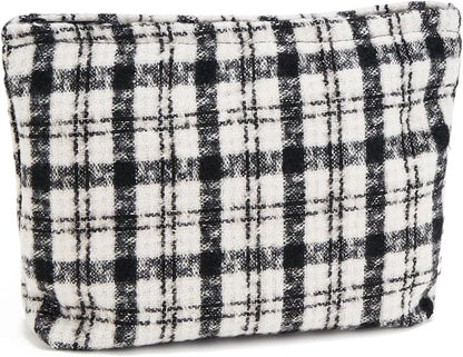 WOZEAH Checkered Makeup Bag for Purse Small Cosmetic Pouch,Stylish Zipper Make up Pouch Travel Canvas Toiletry Bags(Checkered Black)