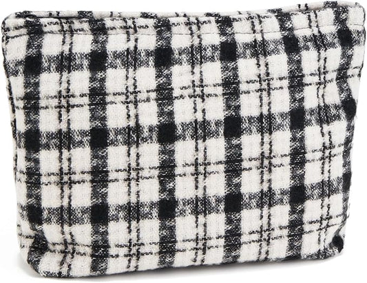 WOZEAH Checkered Makeup Bag for Purse Small Cosmetic Pouch,Stylish Zipper Make up Pouch Travel Canvas Toiletry Bags(Checkered Black)