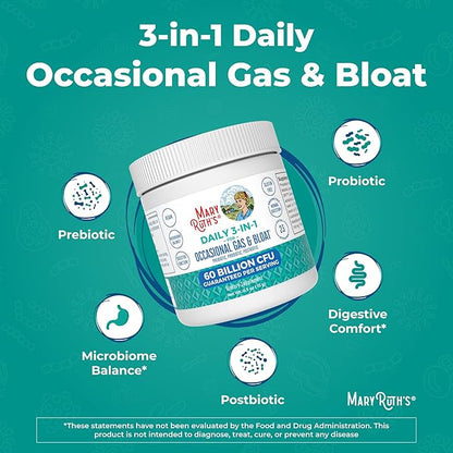 MaryRuth Organics 3-in-1 Gas & Bloat Probiotics | Probiotics for Normal Digestive Function | Probiotics for Women & Men | Prebiotics & Postbiotics | 60 Billion CFU | Shelf Stable | 0.5 oz