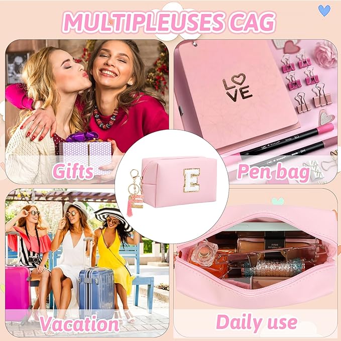 Birthday Gifts for Women Her,Travel Cute Makeup Bag,Large Capacity Cosmetic Bags for Women Makeup Pouch PU Leather Waterproof Cosmetic Bag (E, Pink)
