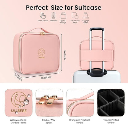 Travel Makeup Bag with Mirror Cosmetic Bag Makeup Artist Bag, 3 Color Scenarios Adjustable Brightness, Makeup Train Case Cosmetic Storage Gift for Daughter Wife Friend Pink