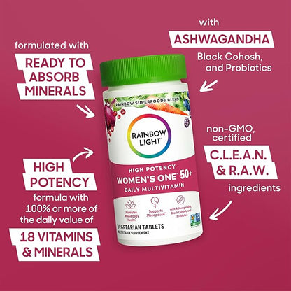 Rainbow Light Multivitamin for Women 50+, Vitamin C, D & Zinc, Probiotics, Women’s One 50+ Multivitamin Provides High Potency Immune Support, Non-GMO, Vegetarian, 150 Tablets